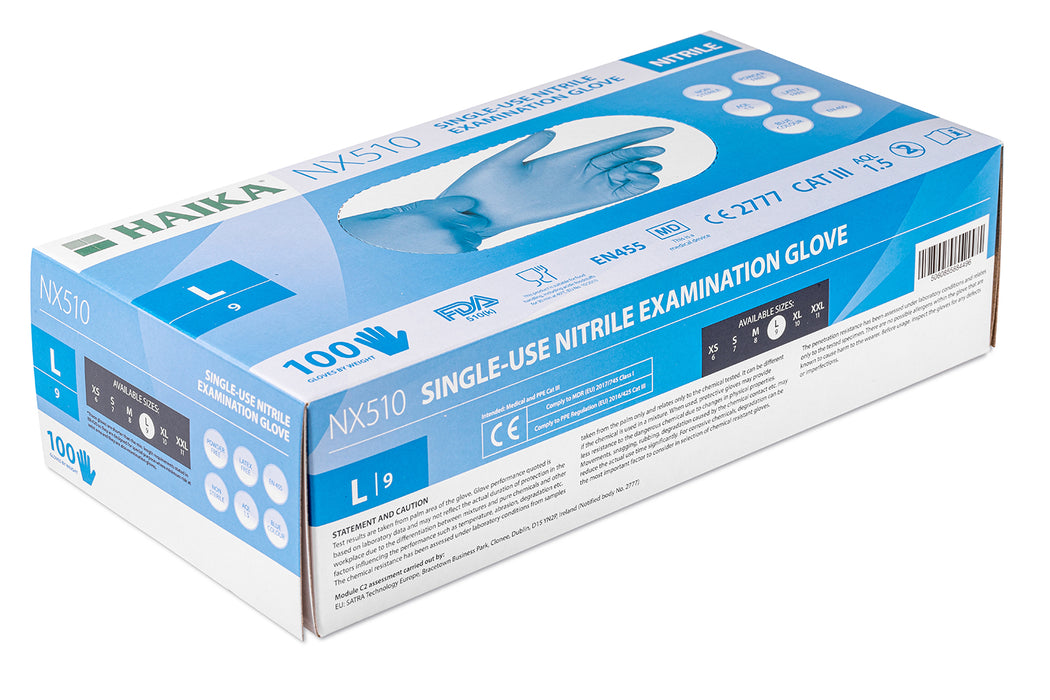 Light Gray Haika NX510 Blue Nitrile Examination Gloves- Box of 100 Gloves - Large