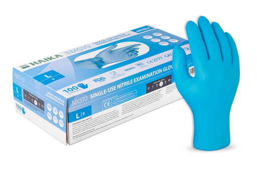 Lavender Haika NX510 Blue Nitrile Examination Gloves- Box of 100 Gloves - Medium