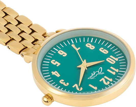 Tan Annie Apple Nurses Fob Watch - Aurora - Green/Gold - Link - 35mm