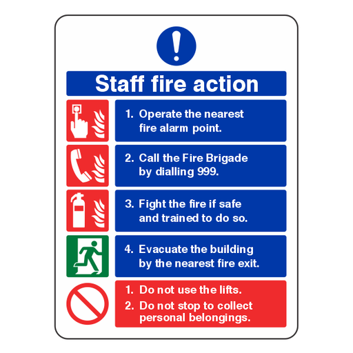 Medium Blue Fire Action Notice Sign - Staff Fire Action
