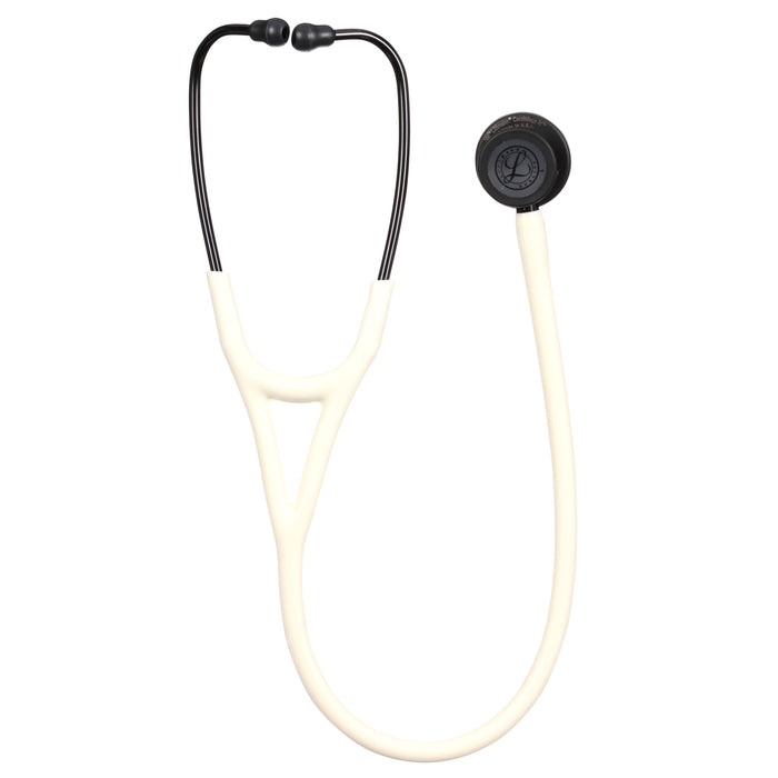 A white 3M™ Littmann® Cardiology IV Diagnostic Stethoscope: Satin Alabaster Tube 6186C with black earpieces and accents, isolated on a white background.