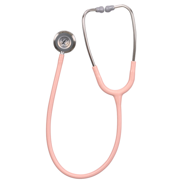 A pink 3M™ Littmann® Classic III Monitoring Stethoscope: Satin Champagne Rose Tube 5910C with dual tunable diaphragms isolated on a white background.