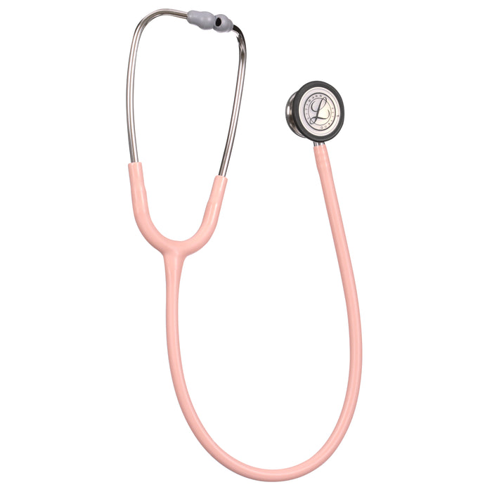Pink 3M™ Littmann® Classic III Monitoring Stethoscope: Satin Champagne Rose Tube 5910C isolated on a white background, featuring a chest piece and earpieces.