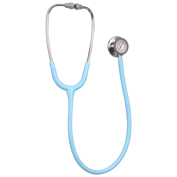 A 3M™ Littmann® Littmann Classic III Monitoring Stethoscope in light blue with a silver chest piece and tubing, featuring dual tunable diaphragms, isolated on a white background.