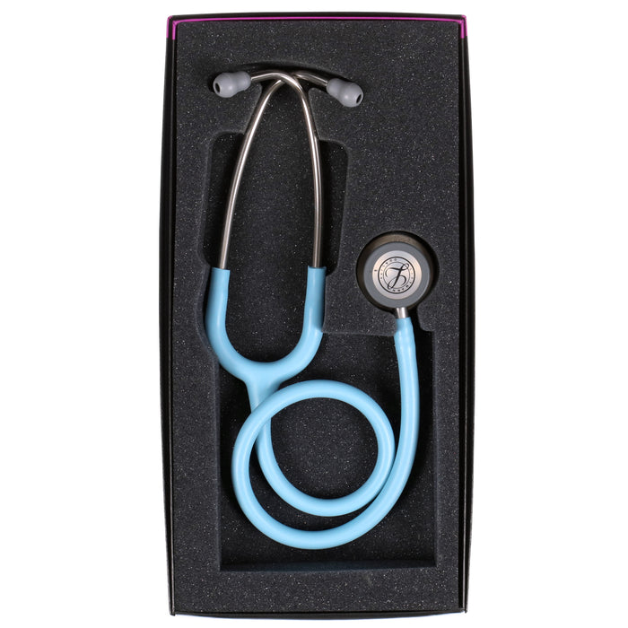 A blue 3M™ Littmann® Classic III Monitoring Stethoscope: Satin Marine Blue Tube 5912C with metal accents neatly placed in a black box with foam lining.