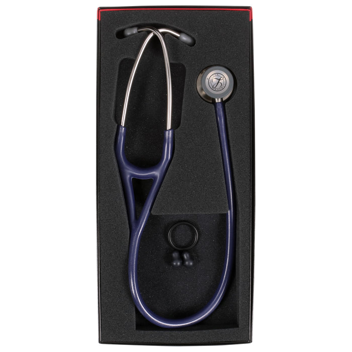 A blue 3M™ Littmann® Cardiology IV Diagnostic Stethoscope: Satin Midnight Blue Tube 6187C inside a black and red box, arranged neatly with its earpieces and diaphragm visible.