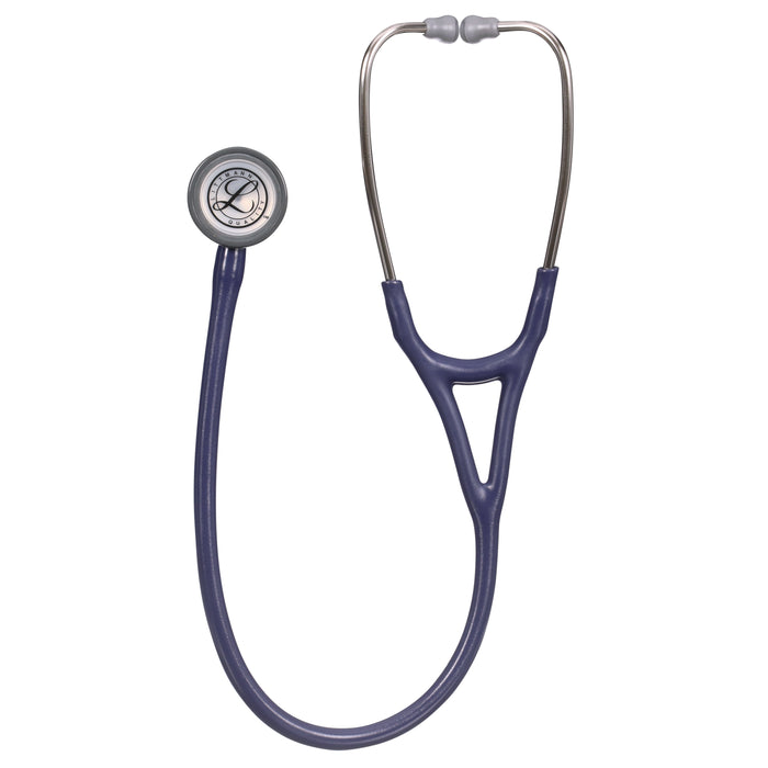 A navy blue 3M™ Littmann® Cardiology IV Diagnostic Stethoscope with a shiny metallic chest piece and a flexible tubing, isolated on a white background.