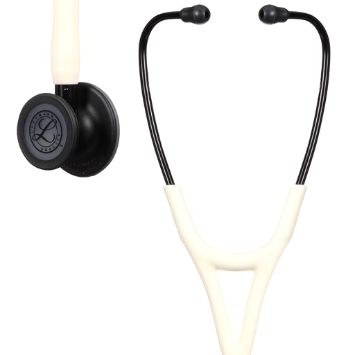 A modern 3M™ Littmann® Cardiology IV Diagnostic Stethoscope with a black headpiece and beige satin finish tubing isolated on a white background.