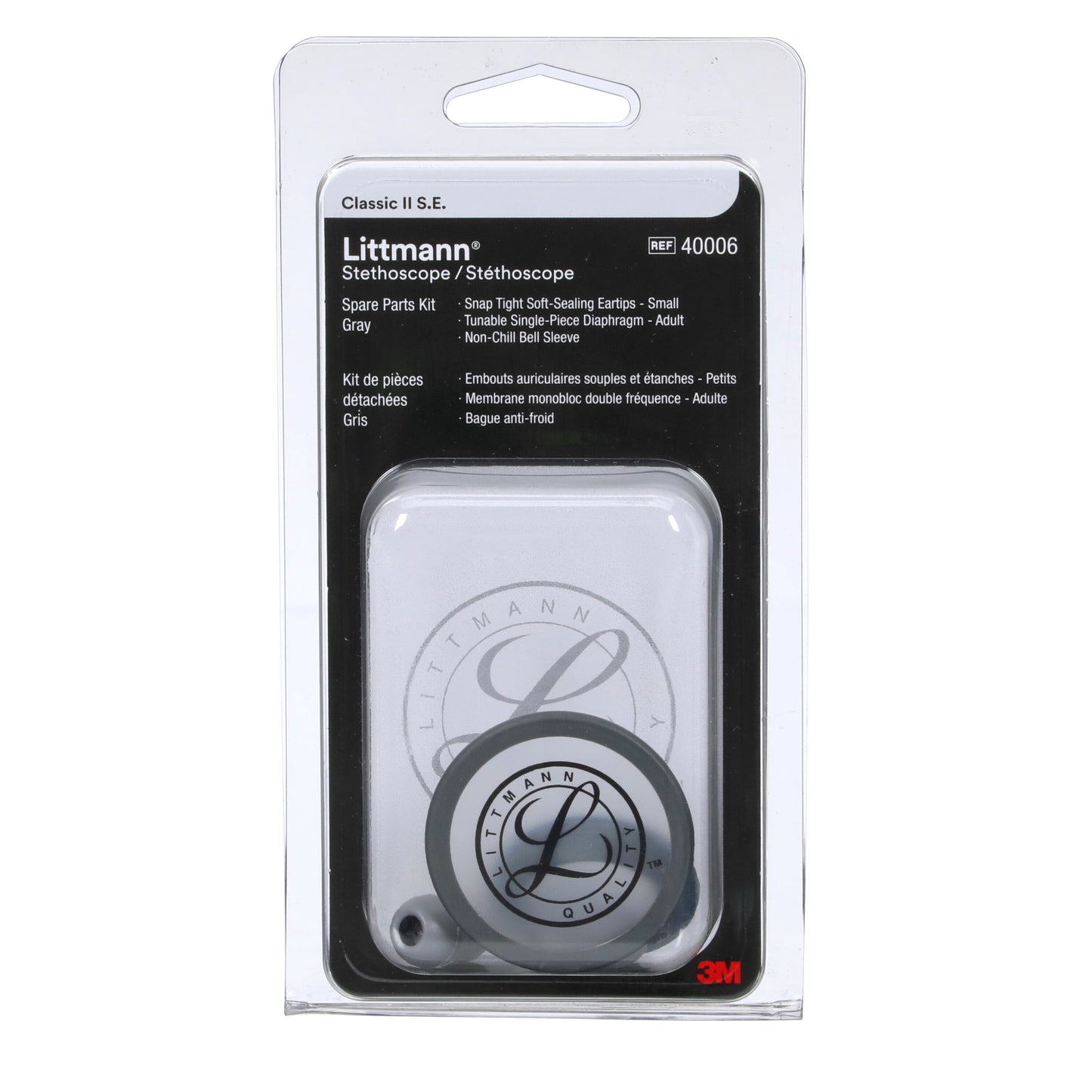 Littmann stethoscope spare parts kit 40006, including black ear tips and a grey tunable diaphragm for Classic II S.E.