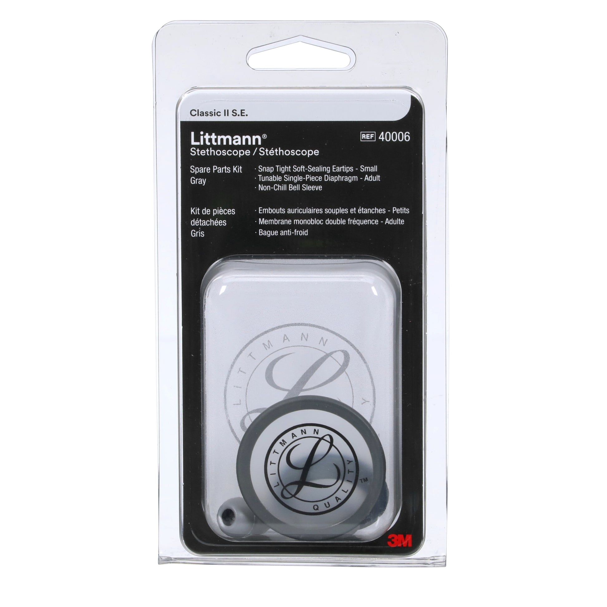 Littmann stethoscope spare parts kit 40006, including black ear tips and a grey tunable diaphragm for Classic II S.E.