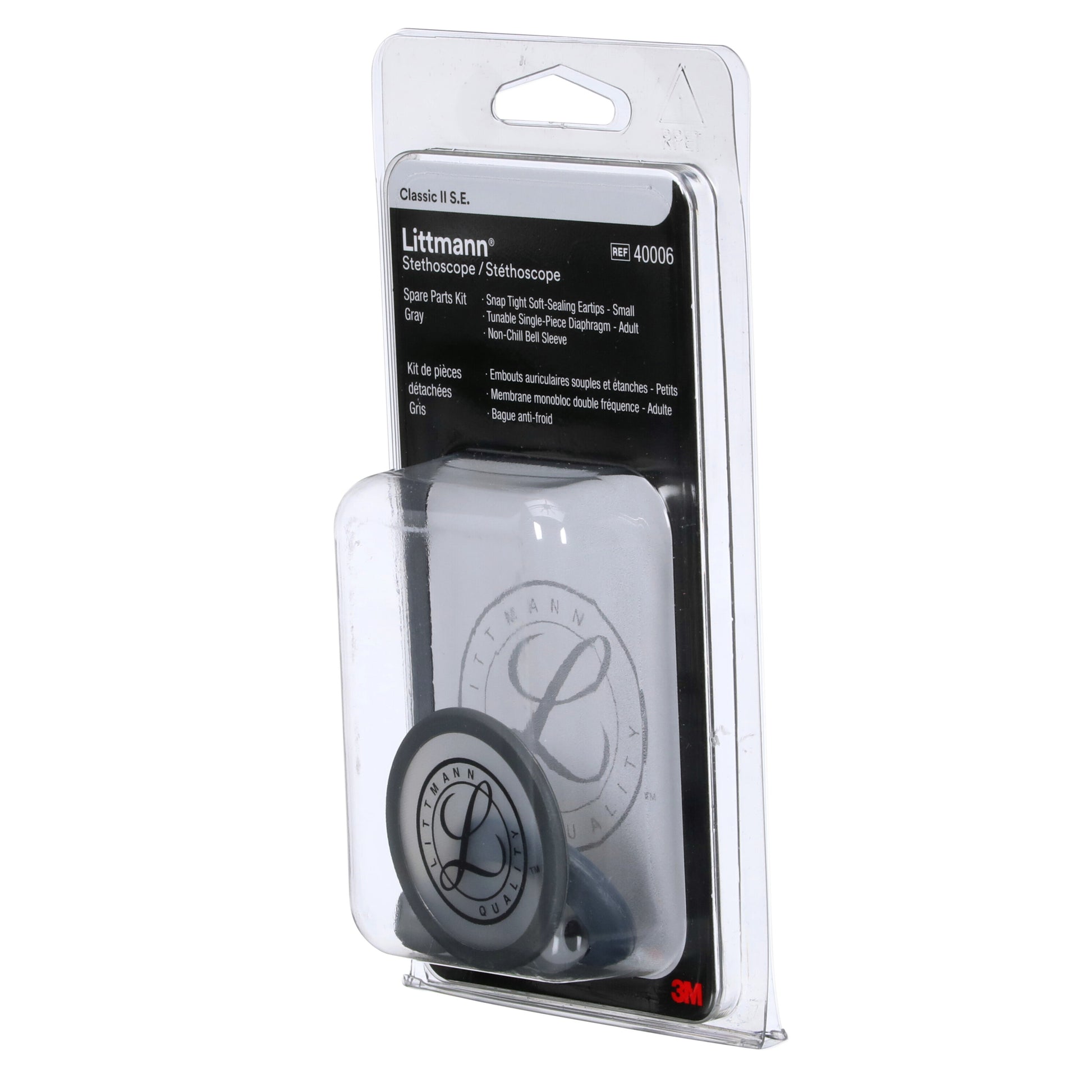 Littmann stethoscope spare parts kit 40006, including black ear tips and a grey tunable diaphragm for Classic II S.E.