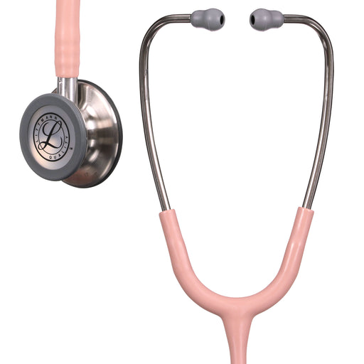A pink 3M™ Littmann® Classic III Monitoring Stethoscope: Satin Champagne Rose Tube 5910C isolated on a white background, with a clock incorporated into the chest piece.