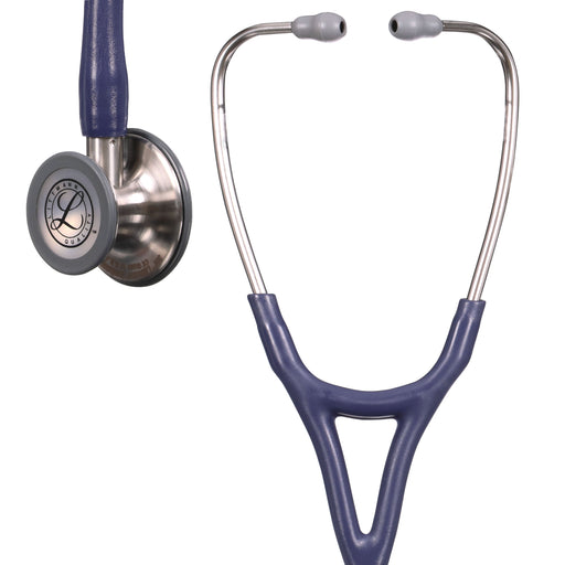 A close-up of a 3M™ Littmann® Cardiology IV Diagnostic Stethoscope in Satin Midnight Blue Tube with silver chestpiece, isolated on a white background.