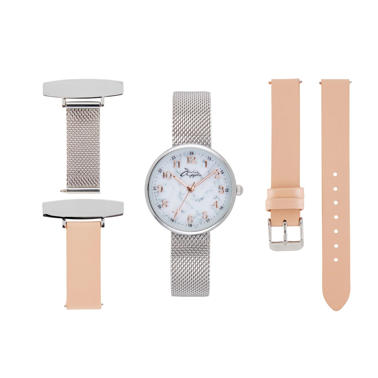 Annie Apple Nurses Fob Watch - Venus - Silver Mesh - Blush Leather - 35mm