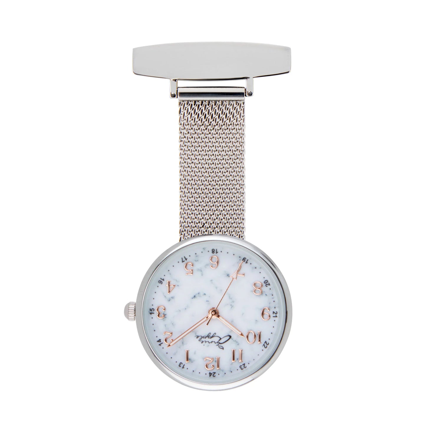 Annie Apple Nurses Fob Watch - Venus - Silver Mesh - Blush Leather - 35mm