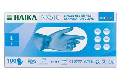 Dodger Blue Haika NX510 Blue Nitrile Examination Gloves- Box of 100 Gloves - Small