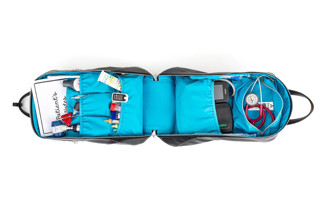 A blue eco-friendly Elsie Medical bag in black with a lot of items inside. (Brand: IYASU)