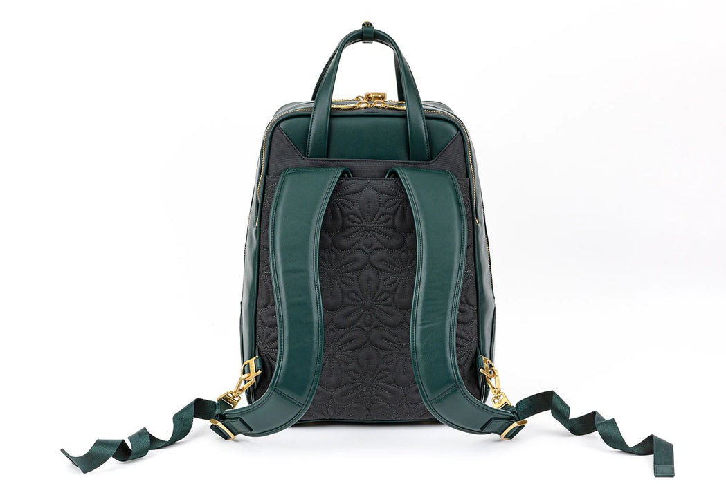 An eco-friendly IYASU olive green leather backpack with gold hardware.
