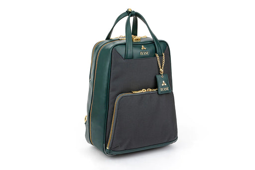 An eco-friendly small black and green Elsie Medical Bag in Olive Green backpack with a handle by IYASU.