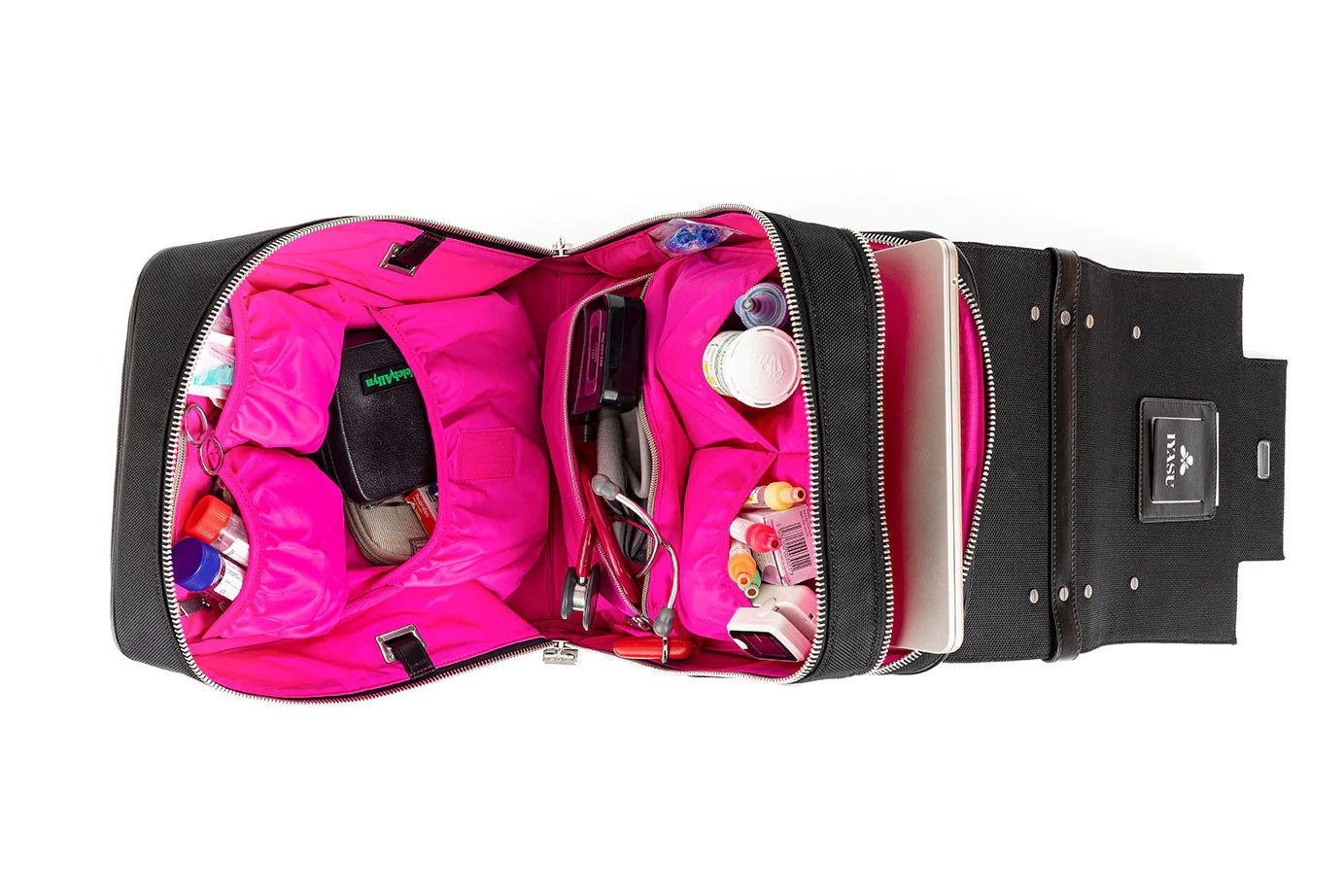 A pink eco-friendly Patricia Medical Bag in Black by IYASU with a lot of items inside.