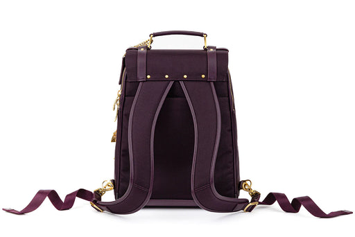 The back of a Patricia Medical Bag in Mulberry, eco-friendly backpack with gold straps by IYASU.