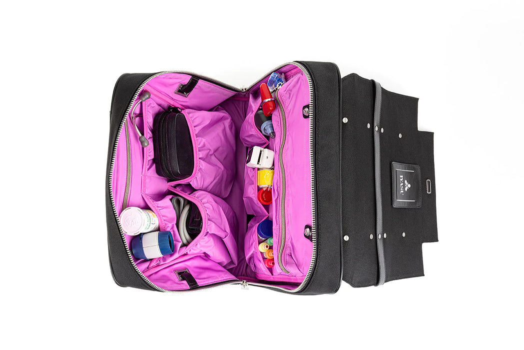 A pink and black Virginia Medical Bag In Black with a lot of compartments by IYASU.