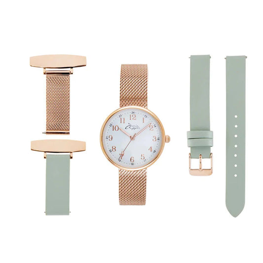 Annie Apple Nurses Fob Watch - Venus - Rose Gold Mesh - Sage Leather - 35mm