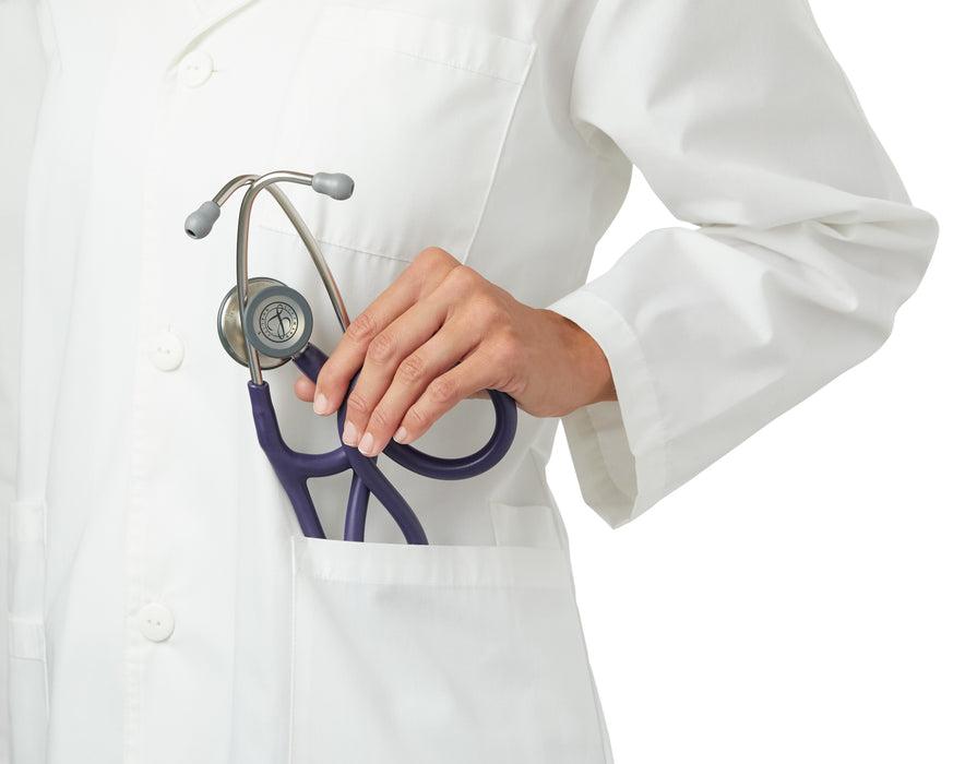 Close-up of a doctor in a white coat holding a 3M™ Littmann® Cardiology IV Diagnostic Stethoscope: Satin Midnight Blue Tube 6187C in their right hand, isolated on a white background.