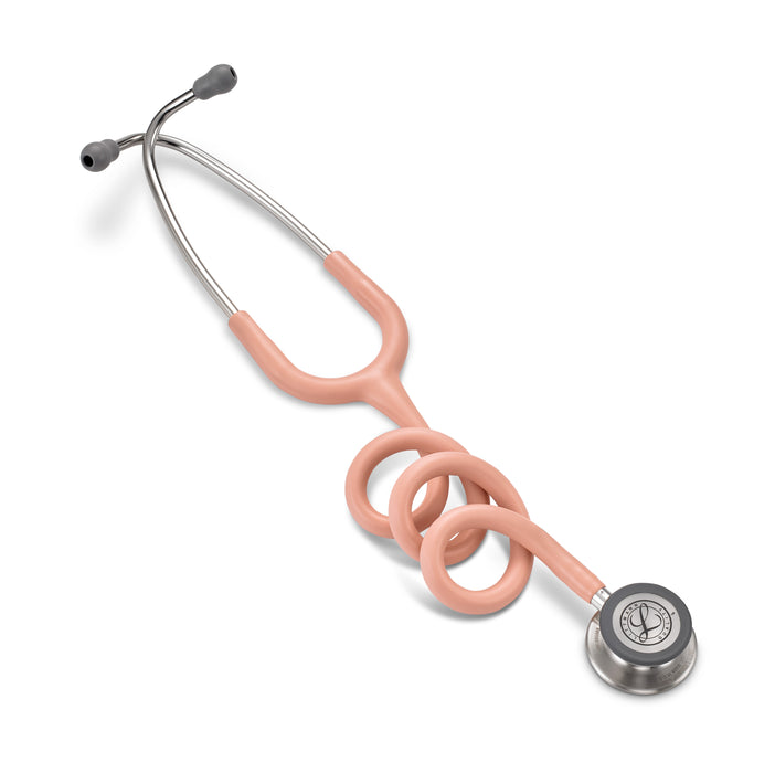 A 3M™ Littmann® Littmann Classic III Monitoring Stethoscope: Satin Champagne Rose Tube 5910C with a pink, tangled tube lying on a white background.
