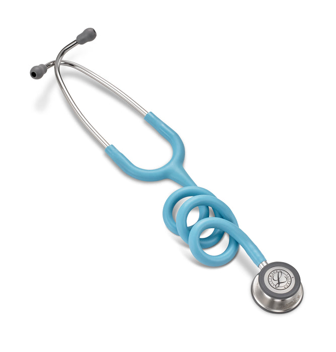 A blue 3M™ Littmann® Classic III Monitoring Stethoscope: Satin Marine Blue Tube 5912C with its earpieces and coiled tubing lying on a white background.