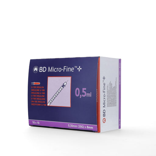 Light Gray BD Micro Fine+ 0.5ml Insulin Syringe & Needle 30g x 8mm x 100