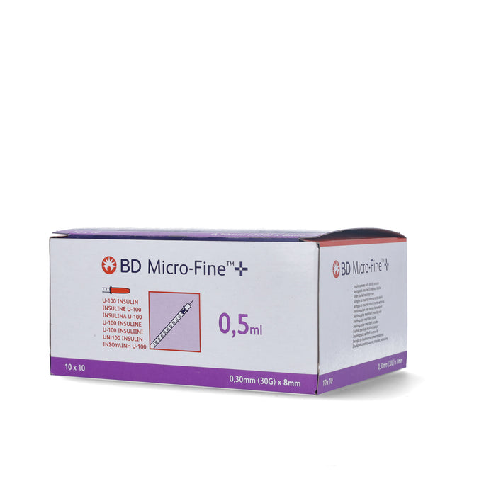 Light Gray BD Micro Fine+ 0.5ml Insulin Syringe & Needle 30g x 8mm x 100