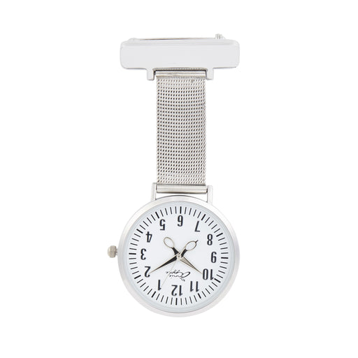 Lavender Annie Apple Nurses Fob Watch - Aurora - White/Silver, Numbered - Mesh - 35mm