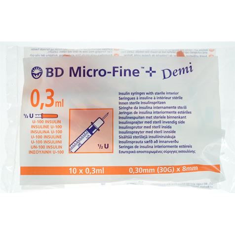 Light Gray B & D Insulin Needles 8mm x 30g with 0.3 ml syringe per 100