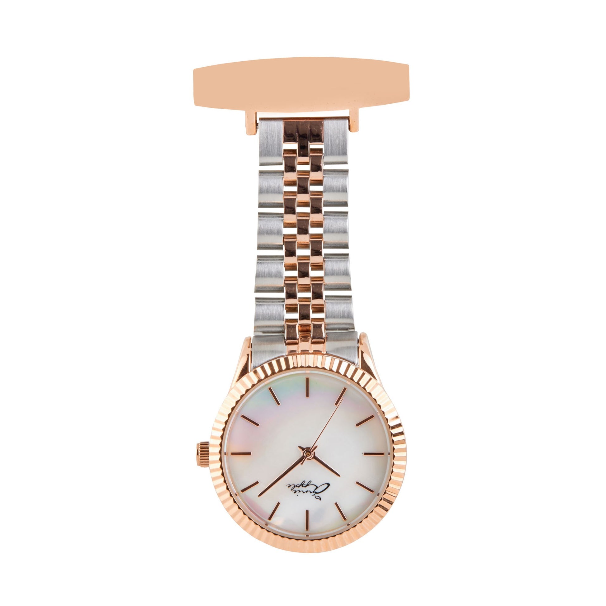 Gray Annie Apple Nurses Fob Watch - Callista - Pearl/Rose Gold/Silver - Link - 35mm
