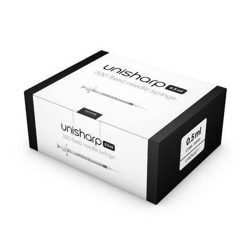 Lavender Unisharp 0.5ml 30G fixed needle syringe: white (x 100)