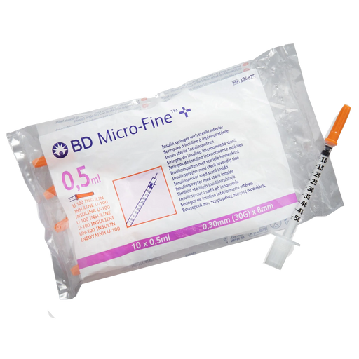 Light Gray BD Micro-Fine + 0.5ml, Insulin Syringe, U100, 0.30mm (30G) 8mm, box of 200 RDQ