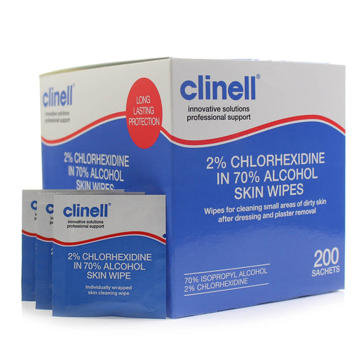 Steel Blue Clinell Alcoholic 2% Chlorhexidine Skin Wipes x 200
