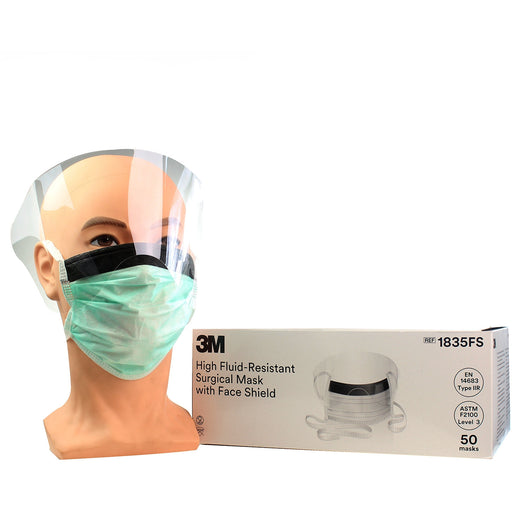 Gray 3M™ Tie-On, High Fluid-Resistant Surgical Mask with Face Shield - Type IIR 1835FS - Pack Of 50