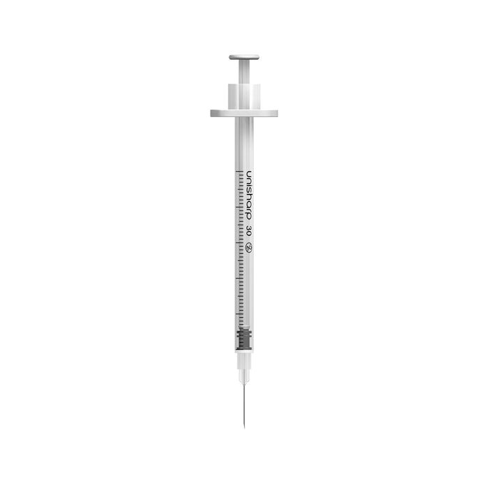 Light Gray Unisharp 0.5ml 30G fixed needle syringe: white (x 100)